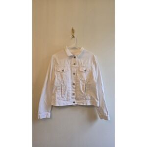 Gap Women's White Denim Jacket  Size L  Classic Crop Style Button Front Pockets